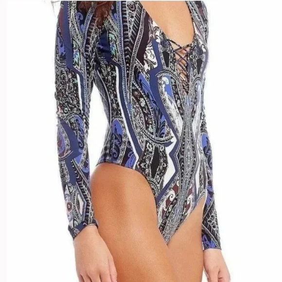 Free People Blue Paisley lace up bodysuit - Picture 5 of 12